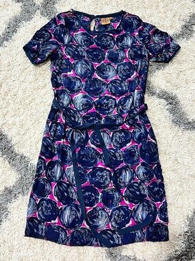Tory Burch Navy & Pink Floral Print Short Sleeve Silk Blend Dress Size 10